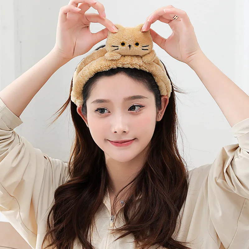 Cute Cartoon Cat Ear Plush Spa Headband for Women – Non-Slip Face Washing & Face Mask Hair Hoop, Soft Fluffy Headwear with Bow, Kawaii Bathroom Accessory for Skincare Routine